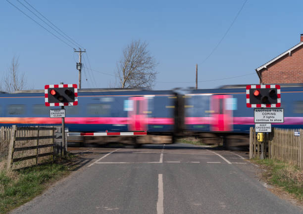 Railway crossing with passenger train at speed and barriers closed