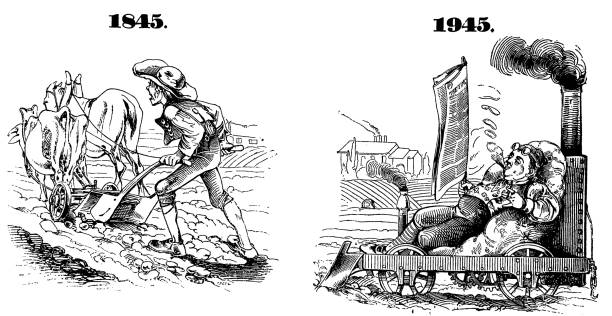 ilustraciones, imágenes clip art, dibujos animados e iconos de stock de proyección futura, el agricultor ahora y dentro de 100 años - 1945