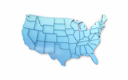 3d Render America World State Border Map, Blue Glass Texture, Object + Object Shadow Clipping Path (isolated on white)