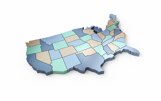 3d Render America World State Boundary Map, Pastel Colored, Object + Object Shadow Clipping Path (isolated on white)