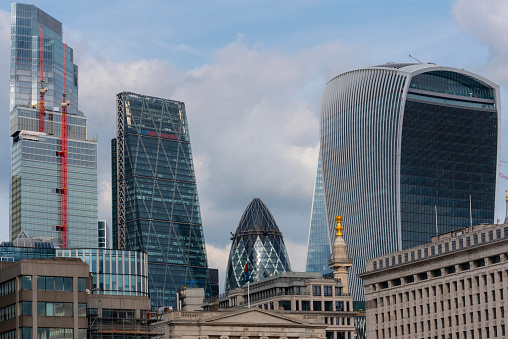 Contrasting architectural styles line the British Capital's skyline including the Monument to the Great Fire of London, Fenchurch building, and 30 St. Mary Axe.