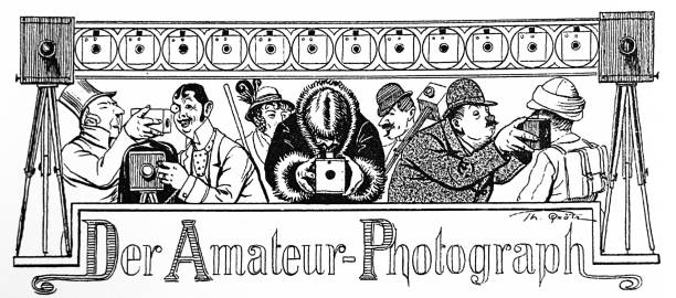 The amateur photographer and his different roles Illustration from 19th century. camera engraving old retro revival stock illustrations