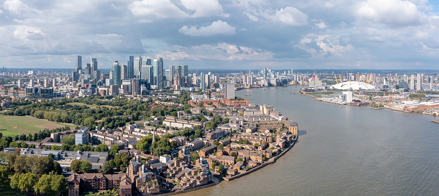 Commercial and residential buildings and skyscrapers of the London metropolis, aerial view. City and people globalization concept.