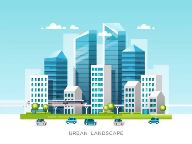 Vector illustration of Cityscape with buildings, skyscrapers and city transport. Vector illustration.