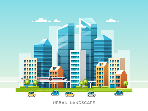 Urban landscape with buildings, skyscrapers and city transport. Real estate and construction industry concept. Vector illustration for mobile and web graphics.