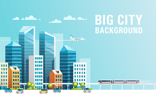 Urban landscape with buildings, skyscrapers and city transport. Real estate and construction industry concept. Vector illustration for mobile and web graphics.