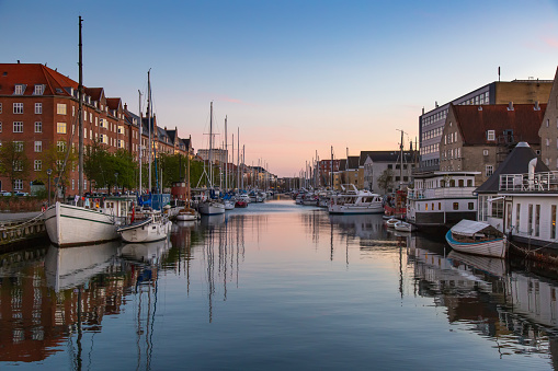 Beautiful evening in Copenhagen, Denmark.  Typical view of the canal
