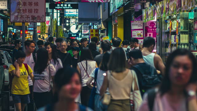 Time lapse of Crowded Pedestrians Tourist walking and shopping at Mong Kok in night market, Hong Kong