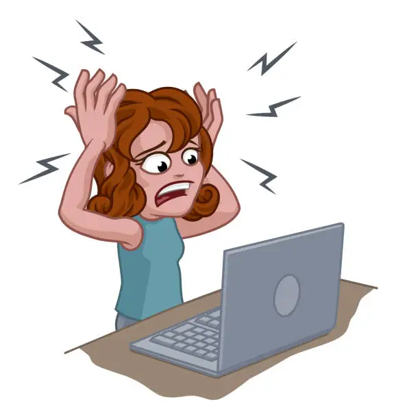 Vector illustration of Woman Unhappy Stressed Laptop Computer Cartoon