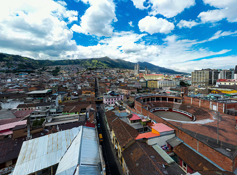 Quito, Ecuador:12-12-2022: aerial panorama over a busy street full of traffic