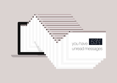 Unread messages organized as a cascade of pages popping out of the laptop, overwhelming work