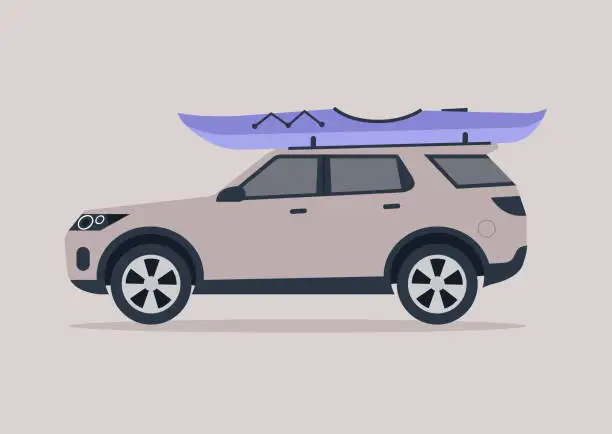 Vector illustration of A car with a kayak on the rooftop, active outdoor sports, summer adventures