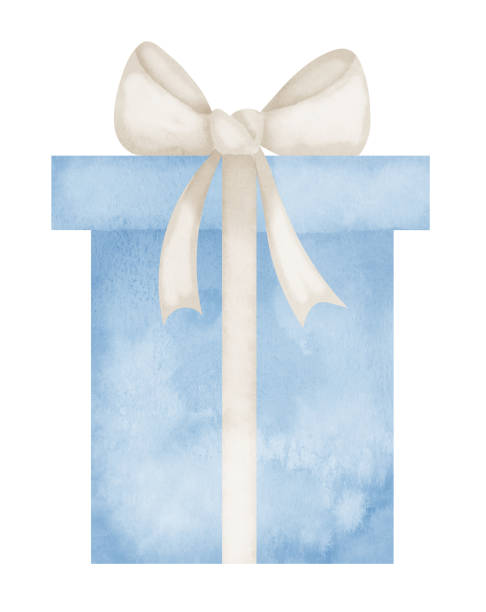 ilustrações de stock, clip art, desenhos animados e ícones de watercolor gift box with ribbon in blue and beige pastel colors. hand drawn illustration of present for happy birthday greeting cards or christmas invitations. drawing on isolated background - gift box packaging drawing illustration and painting