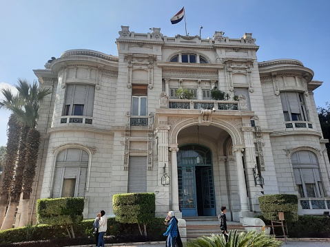 Cairo, Egypt, January 25 2023: The Saffron Zafaran Palace, an Egyptian royal palace built in 1870, The Anglo-Egyptian treaty of 1936 was signed and 1945 Arab league was founded, Saray Al Zaafaran, selective focus