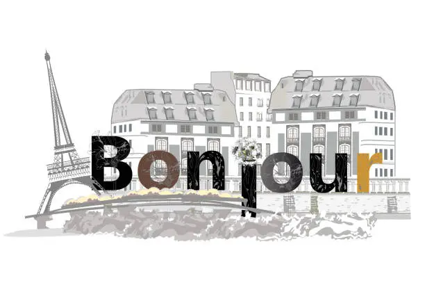 Vector illustration of Design  with french lettering Bonjour and the Eiffel tower and Paris sights, architectural elements.