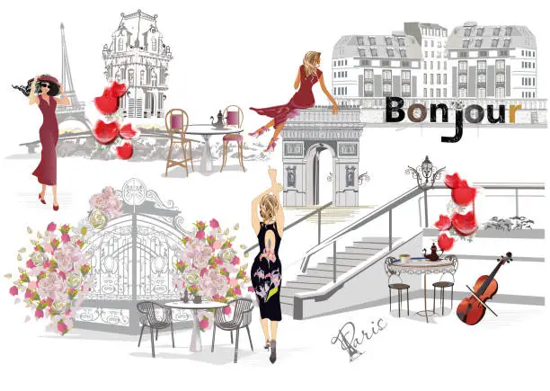 Vector illustration of Design  with lettering Paris and the Eiffel tower, fashion girls in hats, architectural elements.