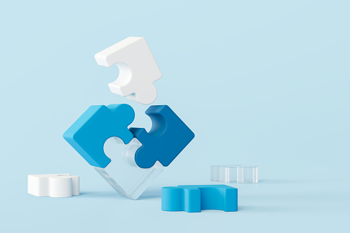 3D Clear blue color jigsaw puzzle pieces on Light blue background. Connecting jigsaw puzzle. Symbol of White Ocean teamwork, cooperation, partnership. business concept. 3d rendering illustration