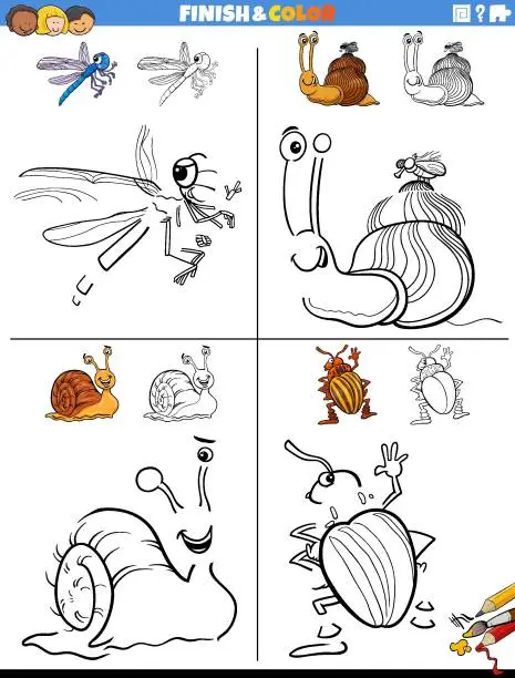 Vector illustration of drawing and coloring worksheets set with funny animals