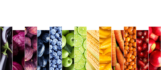 Collage with many different ripe fruits and vegetables on white background