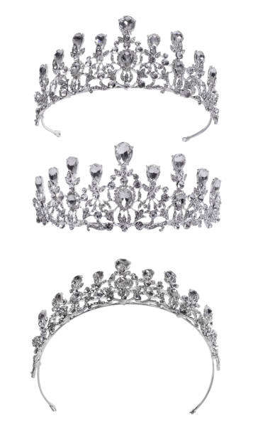 istock Collage of beautiful silver tiara with diamonds on white background, views from different sides 1466743722