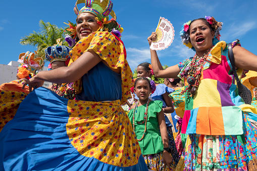 Las Tablas, Panama - January 11, 2023: People parading and performing at 1000 Polleras Parade, known as the 'Desfile De Las Mill Polleras' in Las Tablas, Panama.