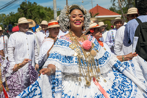 Las Tablas, Panama - January 11, 2023: People parading and performing at 1000 Polleras Parade, known as the 'Desfile De Las Mill Polleras' in Las Tablas, Panama.