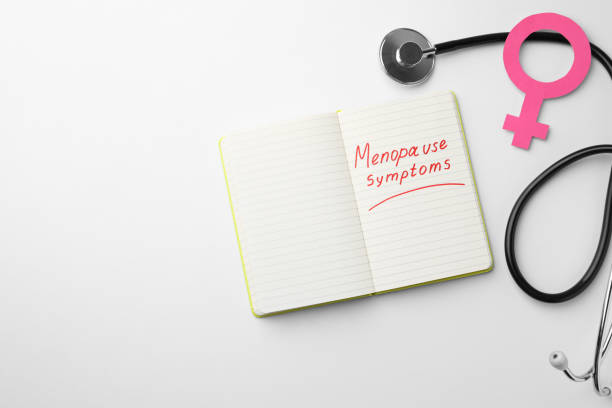 istock Notebook with words Menopause Symptoms, stethoscope and female gender sign on white table, flat lay. Space for text 1466748235