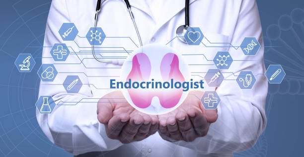 istock Endocrinologist holding thyroid illustration surrounded by icons on light blue background, closeup. Banner design 1466748412