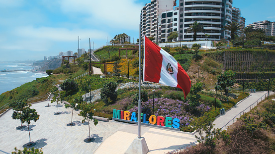 Panoramic aerial view of Miraflores district boardwalk chinese park  in Lima, Peru.