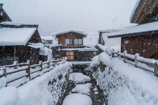 Shirakawa-go village with white thick snowing, the best for tourist travelling in Japan at winter
