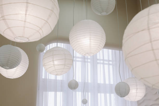 istock Beige paper lamps in modern interior. cozy home interior 1466755281