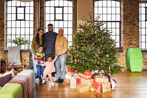 Full length front view of mid adult couple and siblings standing with arms around each other next to festive Christmas tree in spacious loft apartment.