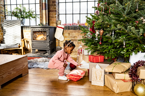 Full length view of 2 year old girl in pink outfit taking a close look at wrapped Christmas mysteries beneath Nordmann fir in industrial-style loft apartment.