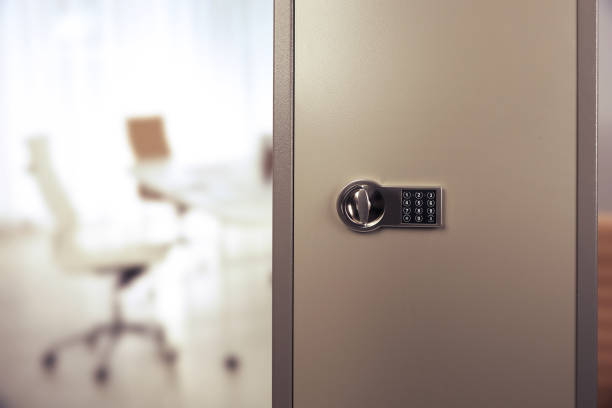 istock Big steel safe with electronic lock indoors, closeup. Space for text 1466757664
