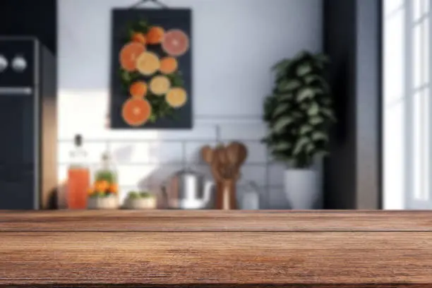 Wooden desk for object on kitchen background