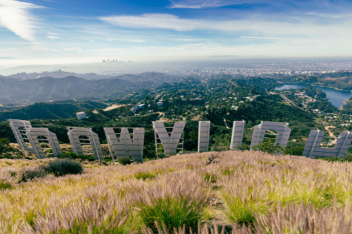 Los Angeles, California, March 25, 2022: The Hollywood sign overlooking Los Angeles. The iconic sign was originally created in 1923.