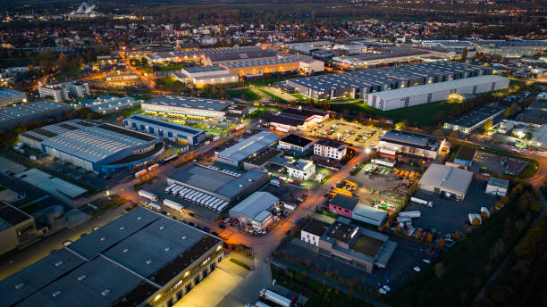 istock Industrial district at dusk - aerial view 1466762344