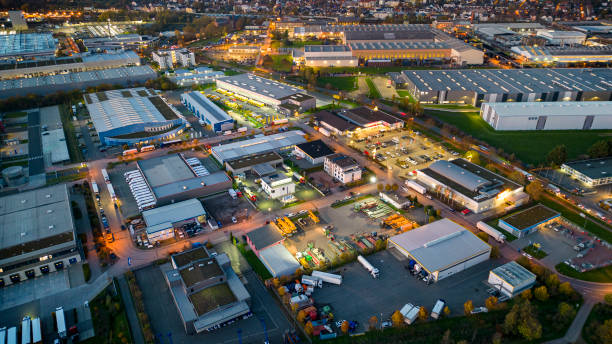 Industrial district at dusk - aerial view stock photo
