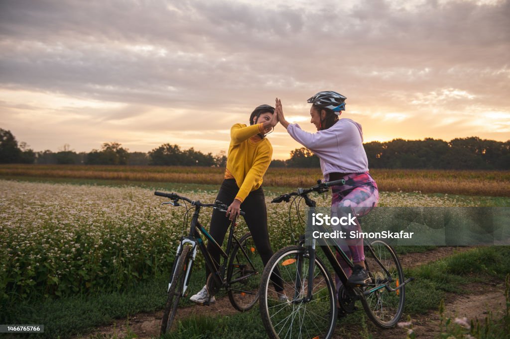 Athletes giving high five while riding bicycles on dirt road Happy young female athletes giving high five while riding bicycles on dirt road by flowerbed against cloudy sky during sunrise Friendship Stock Photo