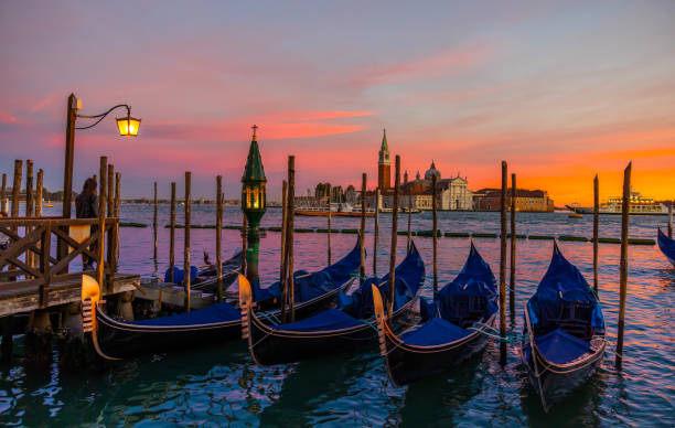 Gondolas moored on Grand Canal against St Mark's Campanile