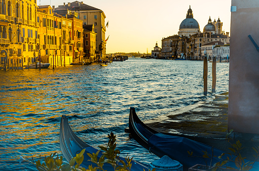 Grand Canal passing between historic residential buildings and famous Santa Maria della Salute against clear sky during sunset in Venice,Italy