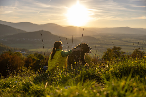 Rear view of mid adult woman with Bernese Mountain Dog looking at scenic view while sitting on grassy mountain during vacation