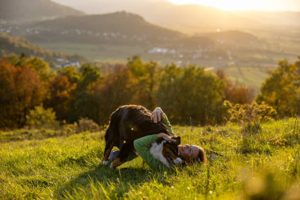 Cheerful mid adult woman embracing Bernese Mountain Dog while lying on green lush mountain during vacation