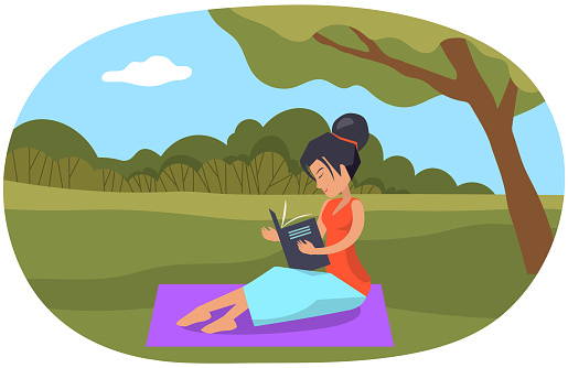 Young female character sitting and reading book. Lady with literature in park surrounded by nature. Girl spending time outdoors vector illustration. Woman reading book while walking in forest