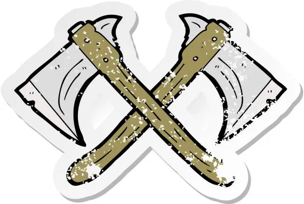 Vector illustration of retro distressed sticker of a cartoon crossed axes