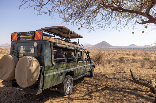 Off-road vehicle parked on arid landscape at National Park in Kenya