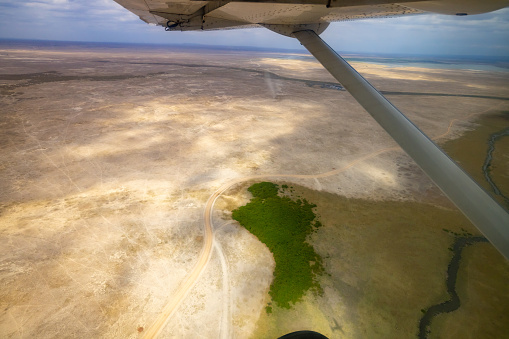 Aerial view of landscape at National Park in Kenya,East Africa seen through airplane
