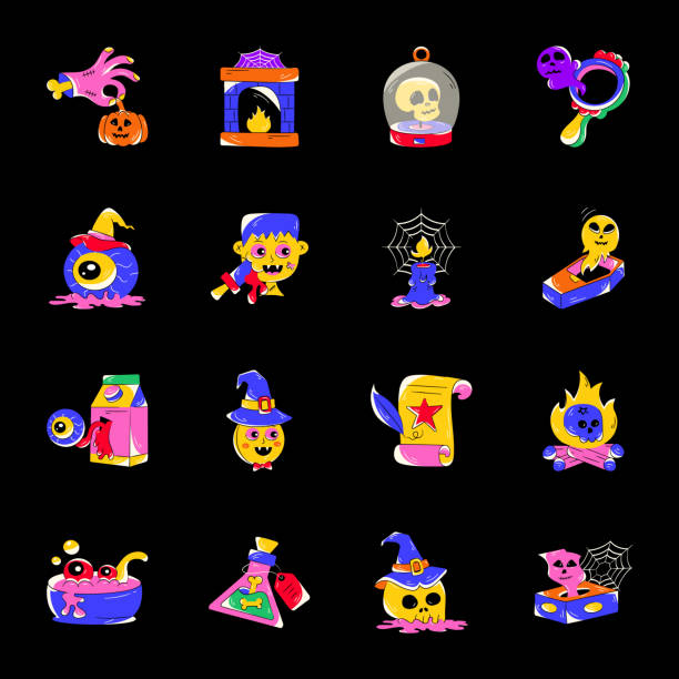 Pack of Halloween Flat Stickers Lets add some spooky vibe to your work with these witch stickers. The pack features colourful flat graphics of Halloween, creepy crawlies, and other witch-themed party fun. You can use these designs to promote the day on the website, apps, or on social media blogs. ugly soup stock illustrations