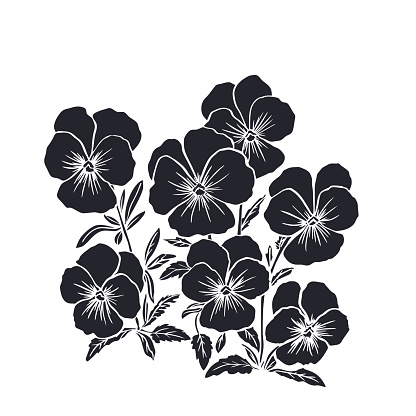 Bouquet of violets with leaves. Black silhouette on white background. Vector illustration