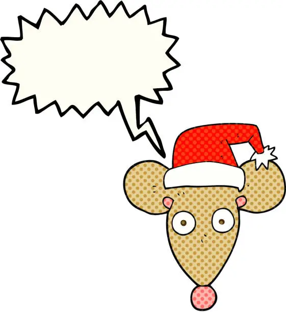 Vector illustration of freehand drawn comic book speech bubble cartoon mouse in christmas hat
